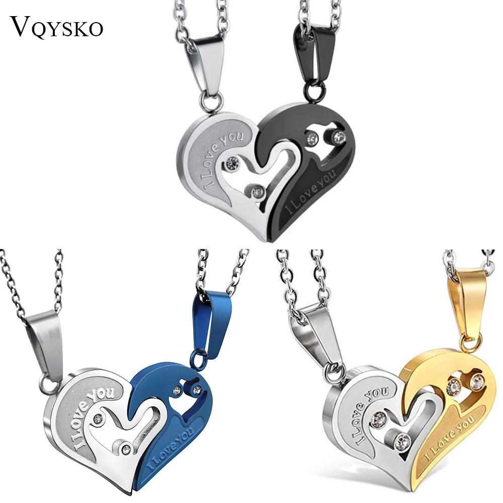 Close‑up of puzzle heart couple necklaces on white background