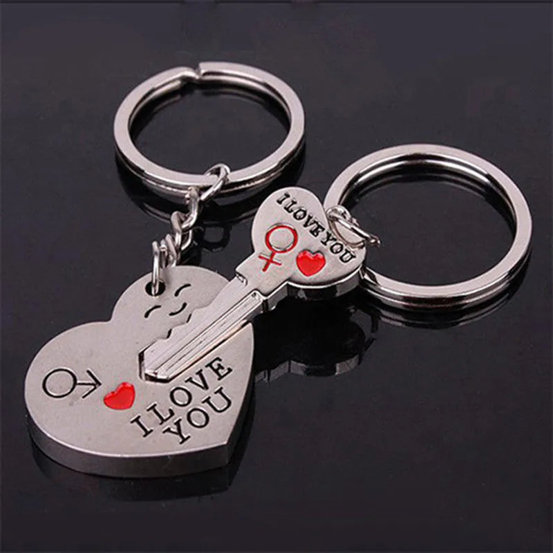 Detailed macro shot of heart keychain set with couples love theme, ideal Valentine’s Day or birthday gift.