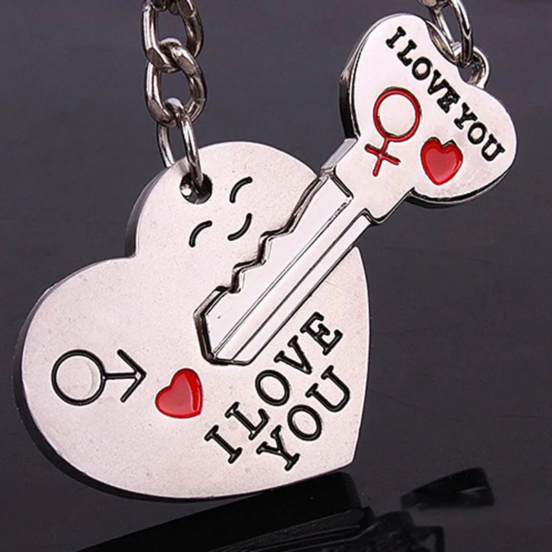 Lifestyle photo of matching couple keychain pair on white background – symbol of love and connection.