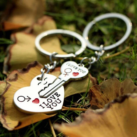 Front view of heart shaped couple keychain set with “My Heart” engraved design – romantic gift for Valentine’s Day.