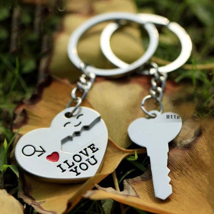 Side angle of couple keychain duo attached to keyring – cute romantic gift for boyfriend and girlfriend.