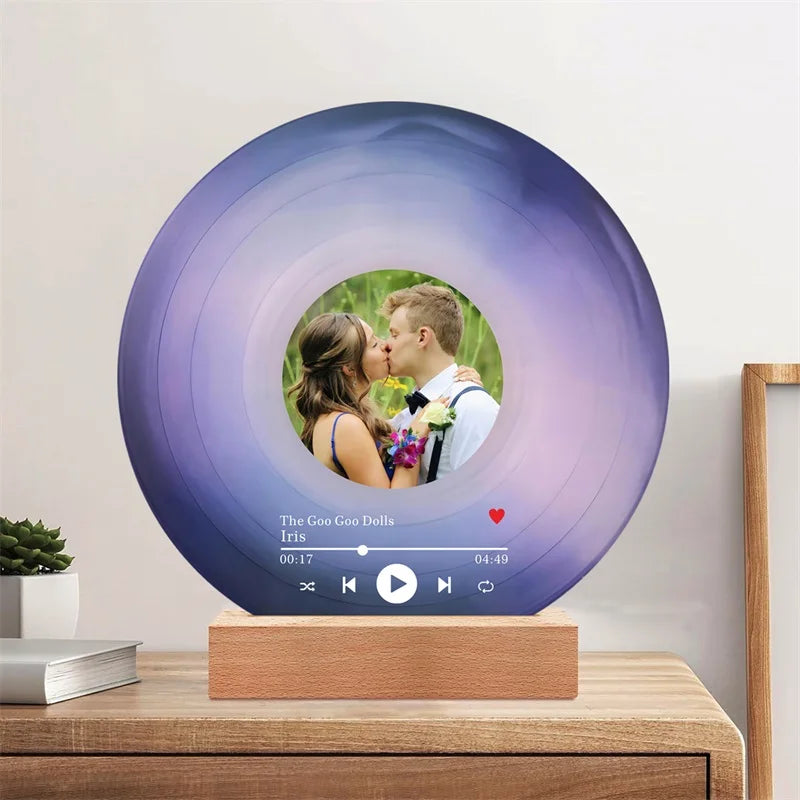 Personalized vinyl record wall art displayed in room setting
