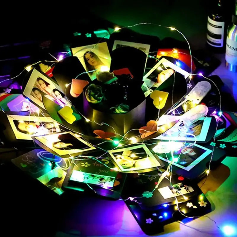 Explosion box album laid flat showing multiple photo layers