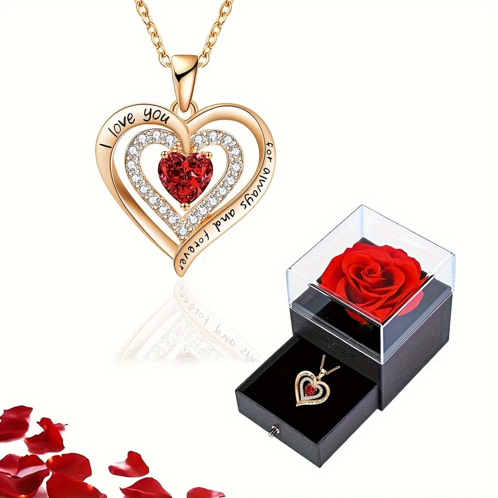 Red zircon heart necklace in rose gift box – perfect Valentine’s Day gift for her.