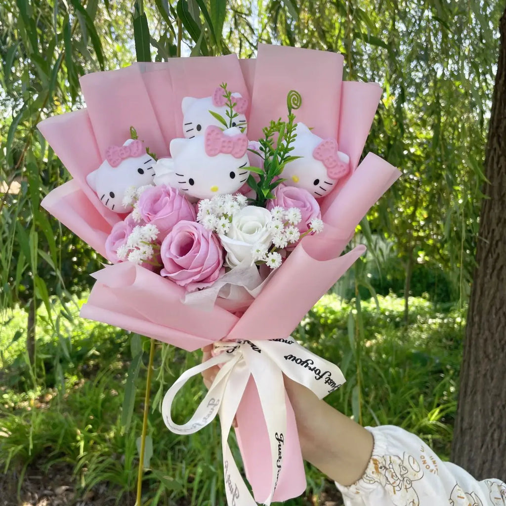 Soft toy and bouquet arrangement from above