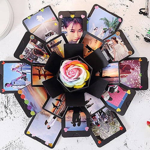 Close‑up of DIY explosion box photo album inside details
