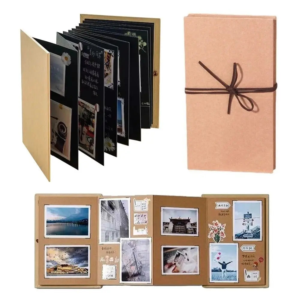 DIY accordion photo album fully opened showing multiple kraft paper pages ready for photos and decorations.