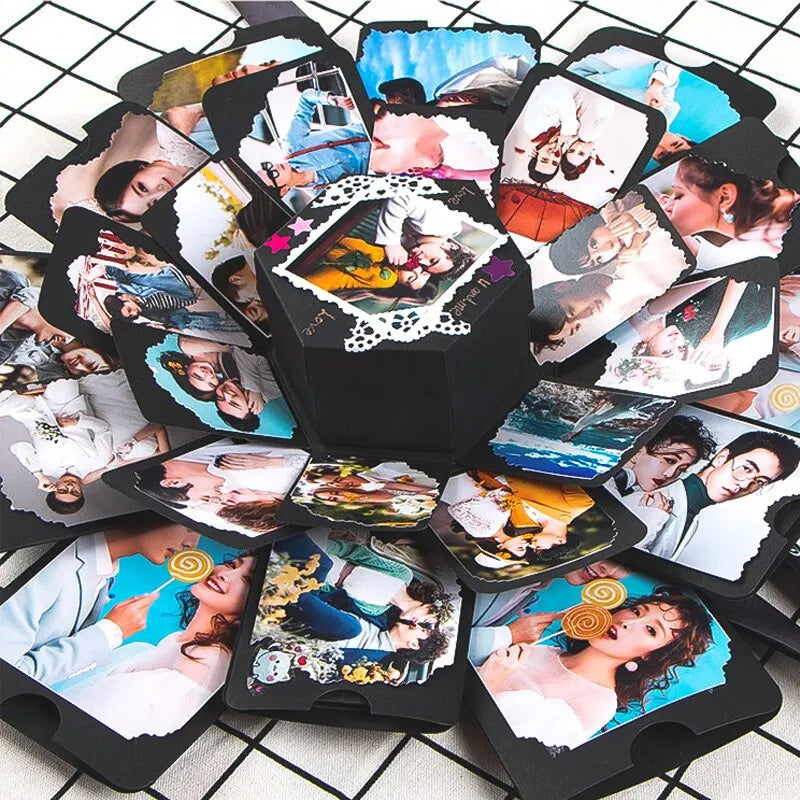 DIY explosion box photo album open with photos and decorations