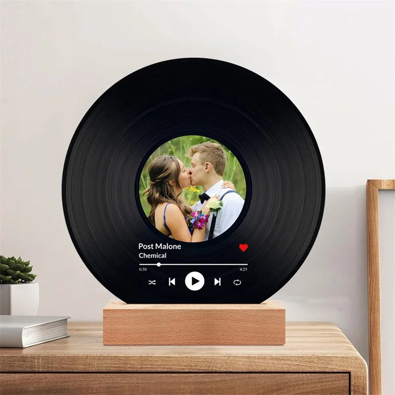 Close‑up of personalized vinyl record plaque detail
