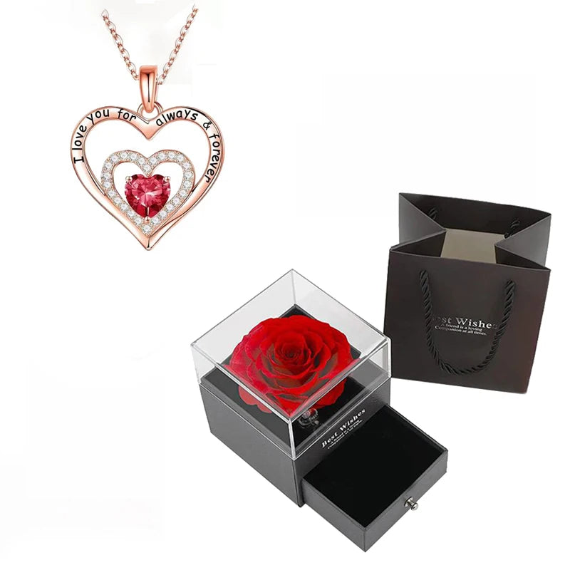 Romantic red rose gift box with heart-shaped red zircon necklace inside – anniversary gift.