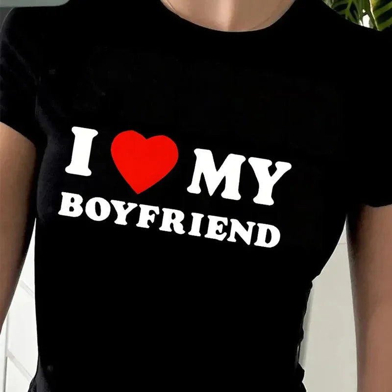 “I Love My Boyfriend” crop top front print on white background