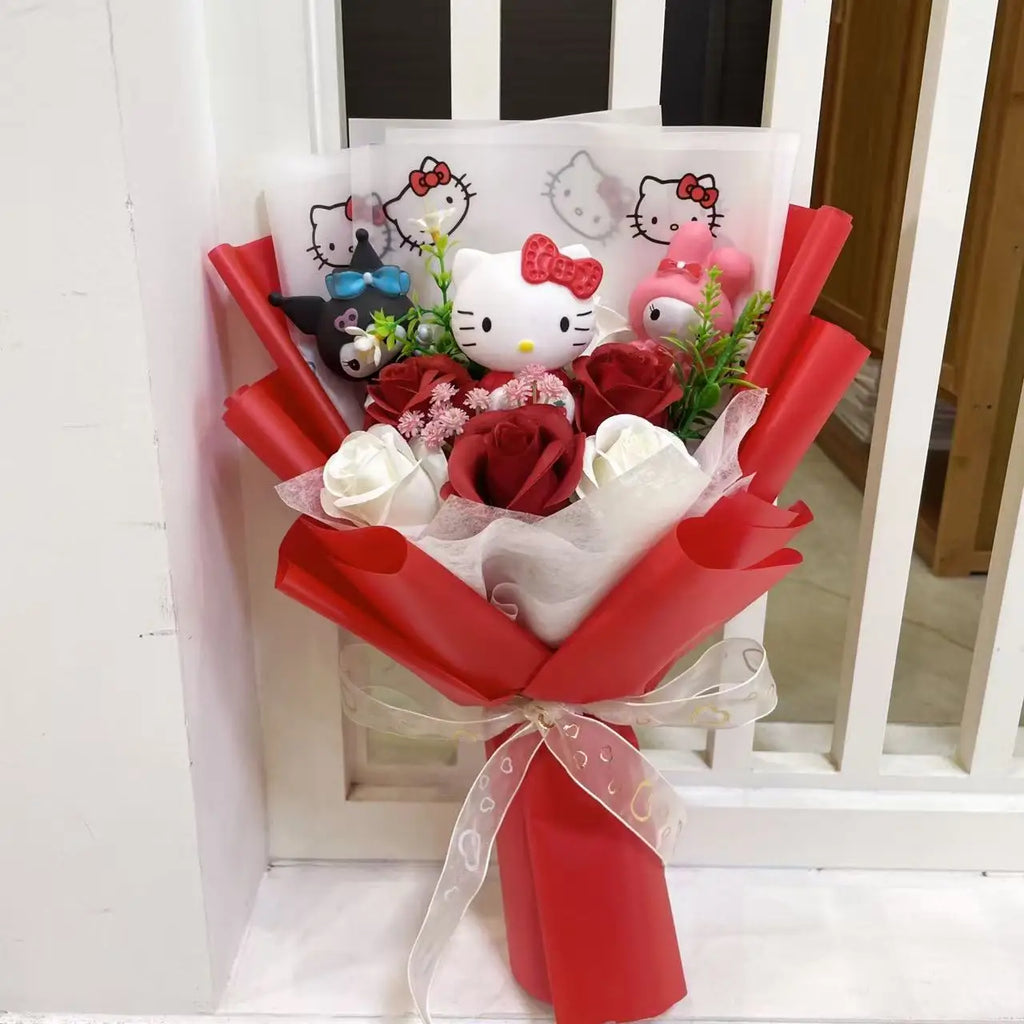 Hello Kitty doll holding bouquet front detail