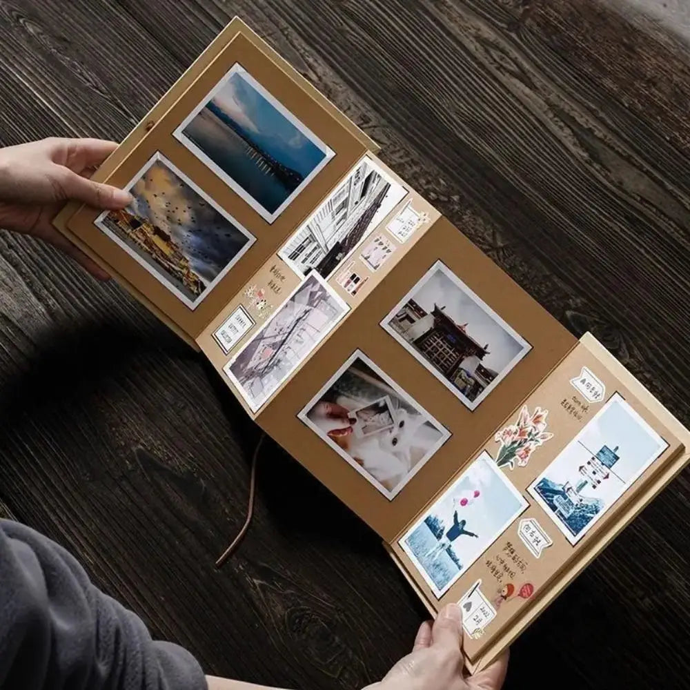 Handmade scrapbook photo album with decorative edges and space for personalized pictures.