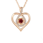 Side angle of rose gift box highlighting sparkling red zircon heart necklace – perfect for her.