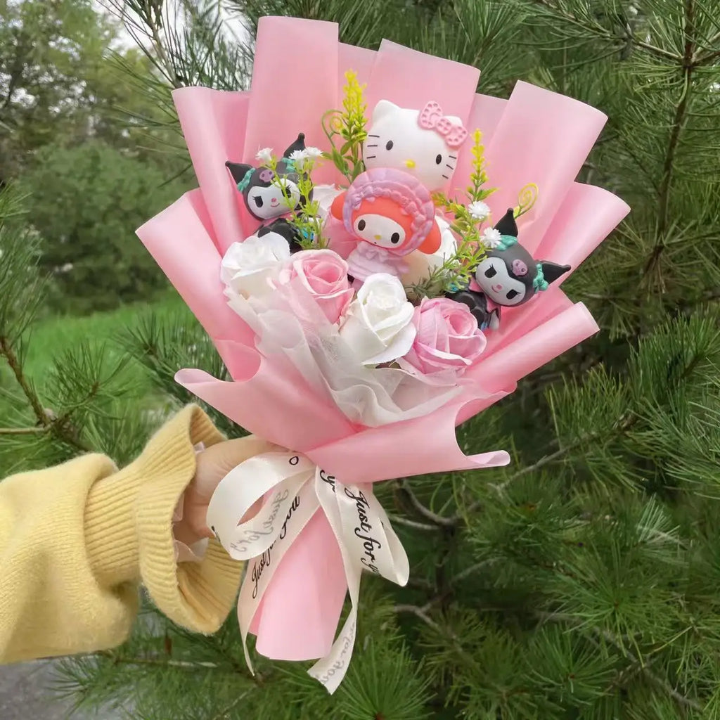 Cute plush flowers close-up with Hello Kitty