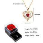 Luxury red zircon necklace and rose gift box set with ribbon – romantic birthday or Valentine’s gift.