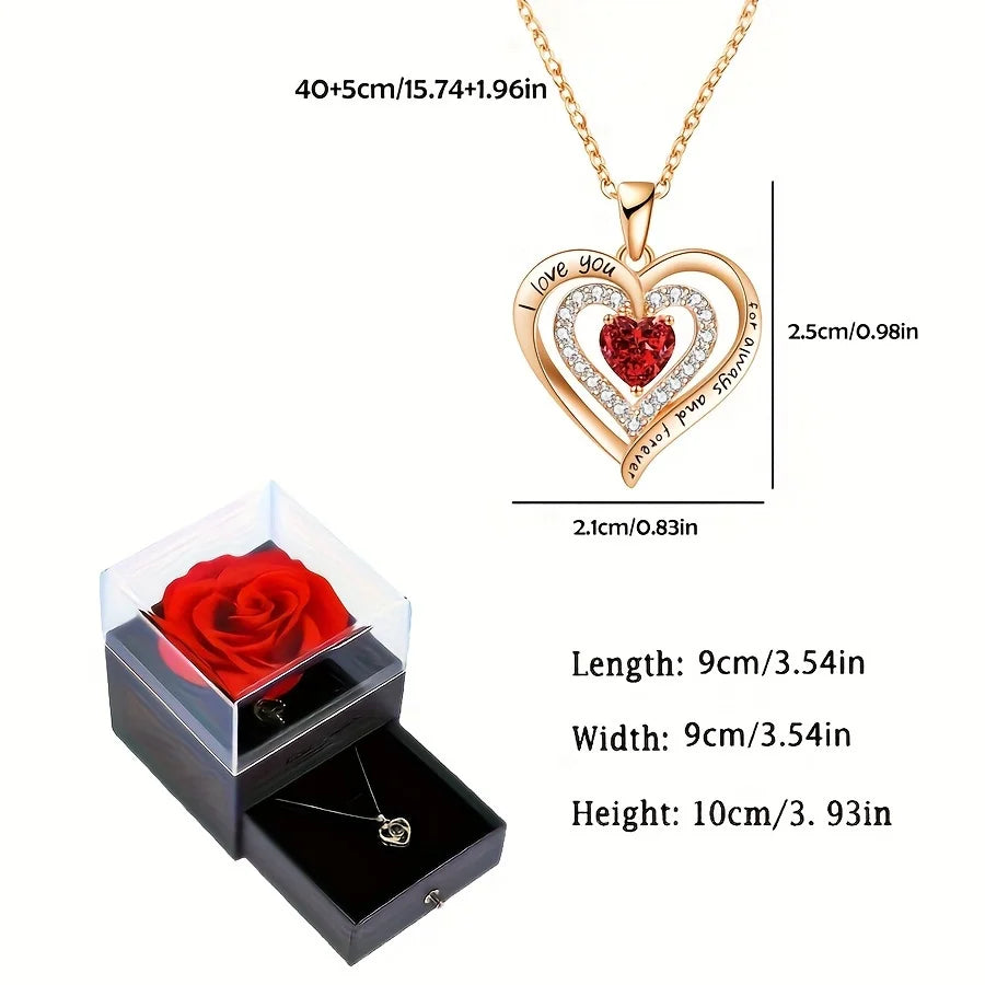 Luxury red zircon necklace and rose gift box set with ribbon – romantic birthday or Valentine’s gift.